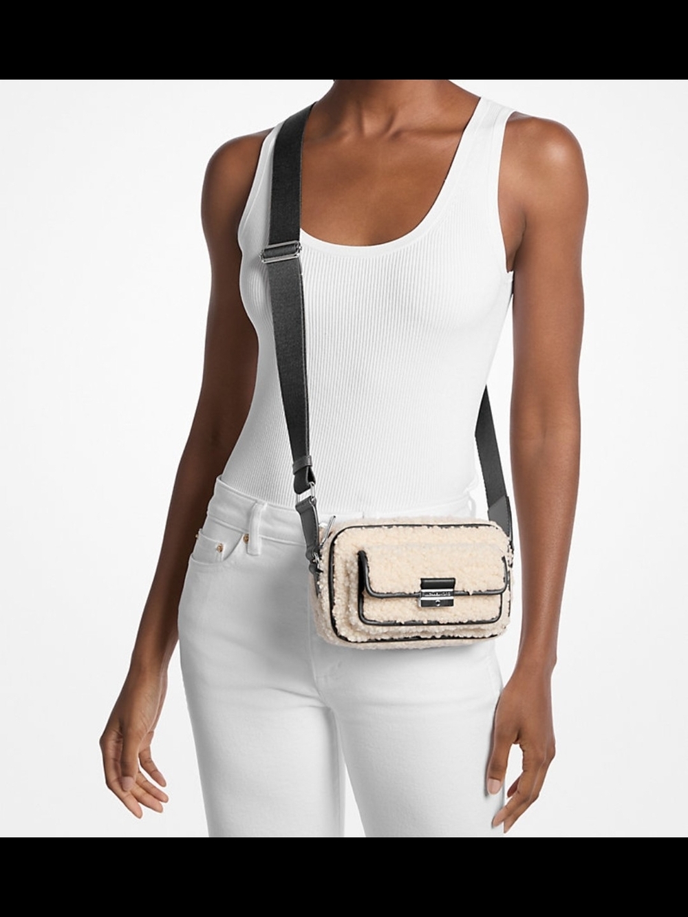 Michael Kors Sherpa Crossbody Bag Cream Black | Teddy Fleece Flap Purse